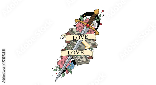 Traditional tattoo style illustration of a dagger piercing stacks of money with pink flowers and ribbons that say LOVE.