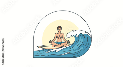 Man meditating on a surfboard amidst crashing ocean waves, finding inner peace and balance while riding the powerful sea, a serene blend of sport and mindfulness.