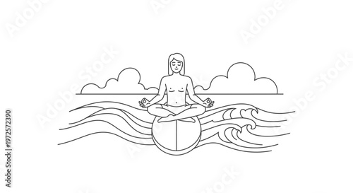Person meditating on a circle in the middle of wavy ocean, with clouds in the sky, minimalist line art