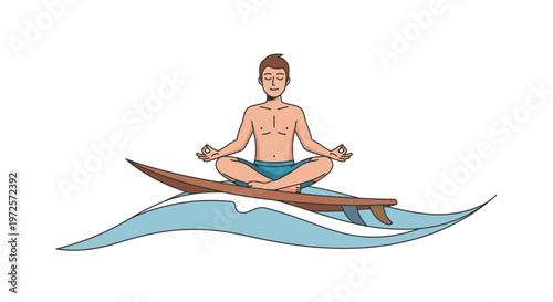 Man meditating in lotus position on surfboard on ocean waves, representing balance, serenity, and surfing lifestyle