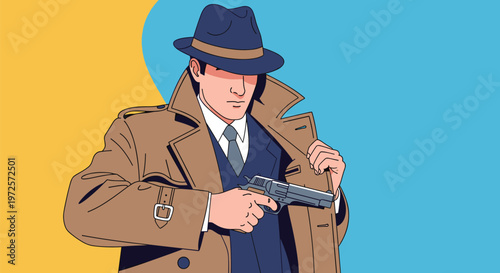 Mysterious detective in a brown trench coat and blue fedora holding a handgun against a yellow and blue background.
