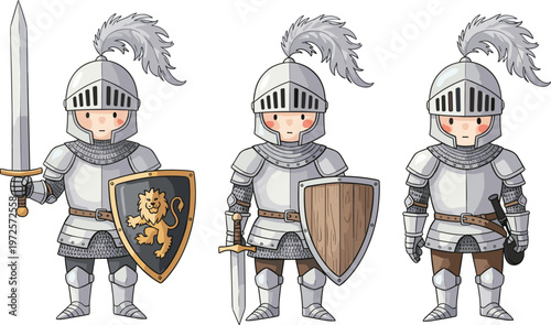 Cute Knight Characters in Armor with Shields and Swords for Kids' Fantasy and Medieval Designs