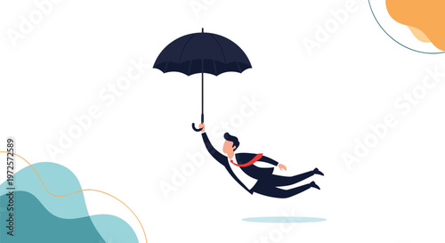 High-flying businessman in a dark suit using a black umbrella like a parachute while soaring through a minimalist sky.