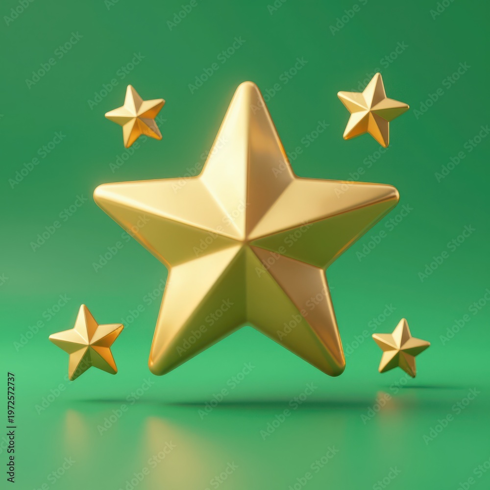 Fototapeta premium Gold 3D Star with Smaller Stars on Green Background, Award Symbol