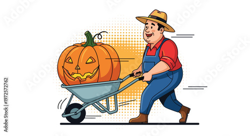 Happy farmer in overalls and a straw hat pushing a wheelbarrow with a giant carved Halloween jack-o-lantern pumpkin.