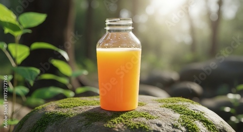 Small plastic bottle filled with orange juice sitting on a mossy rock in a sunny forest