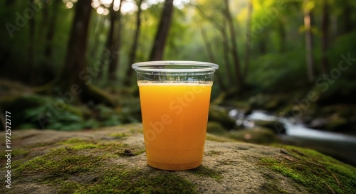 Refreshing orange juice in a clear plastic cup set on a mossy rock in a deep forest