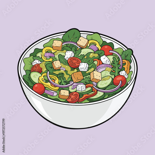A vibrant vector illustration of a healthy salad bowl filled with fresh greens, cherry tomatoes, cucumbers, onions, croutons, and feta cheese.