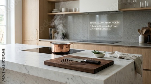 A modern kitchen with a pot on the stove and a cutting board