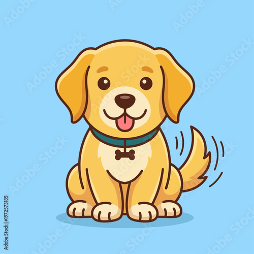 An endearing flat design illustration depicts a cheerful chibi dog, a golden retriever, sitting happily with its tail wagging, exuding warmth and friendliness.