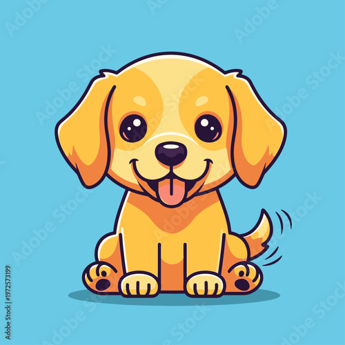 An endearing flat design illustration depicts a cheerful chibi dog, a golden retriever, sitting happily with its tail wagging, exuding warmth and friendliness.