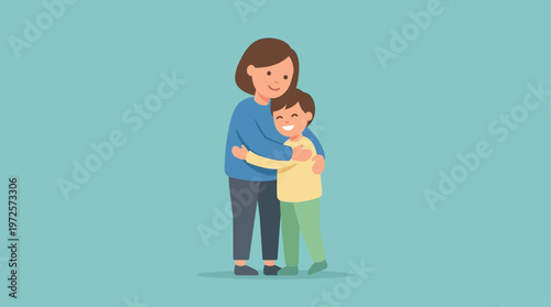 A heartwarming flat design illustration depicting a mother and child in a tender embrace, symbolizing love and connection. This minimalist 2D vector graphic is perfect for celebrating maternal bonds.