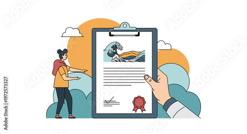 Person points towards a giant clipboard displaying a mountain wave illustration and an official red wax seal on its surface.