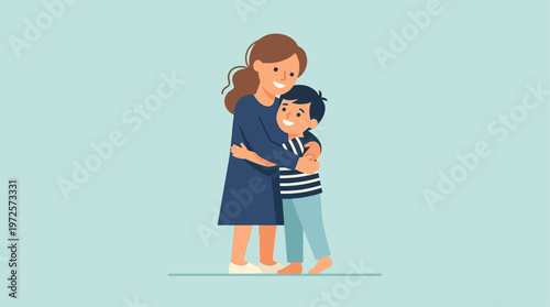 A heartwarming flat design illustration depicting a mother and child in a tender embrace, symbolizing love and connection. This minimalist 2D vector graphic is perfect for celebrating maternal bonds.