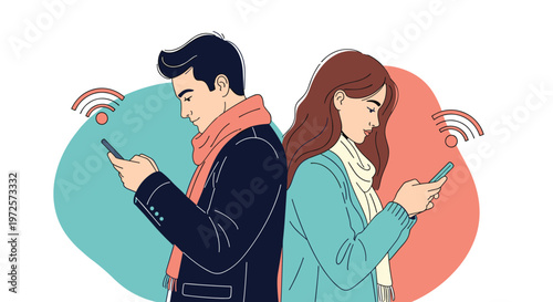 Man and woman standing back to back using their smartphones with wifi signal icons above their heads in a flat illustration.