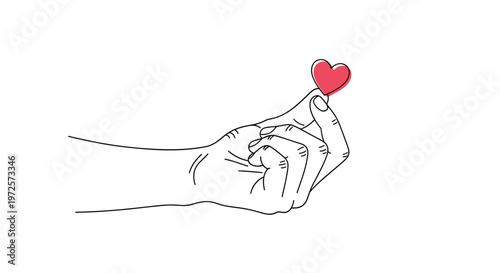 Hand performs the popular finger heart gesture with a small red heart symbol floating above the thumb and index finger tips.