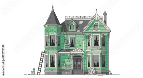 Intricate mint green Victorian mansion undergoes meticulous exterior restoration featuring wooden ladders and protective drop cloths against a white background.