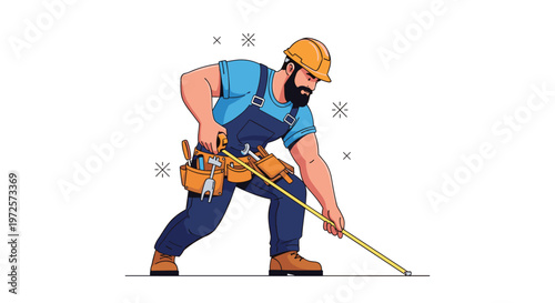 Strong bearded male construction worker in a hard hat and overalls using a measuring tape on a white background with stars.