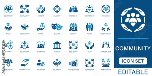 Community and social unity icon set. featuring support, diversity, inclusion, volunteer, human rights, and social cooperation in blue flat design style.