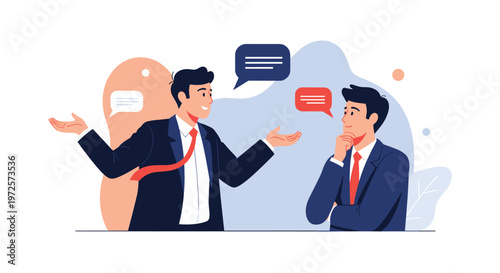 Two businessmen in professional suits engaged in a conversation with colorful speech bubbles above them against an abstract background.