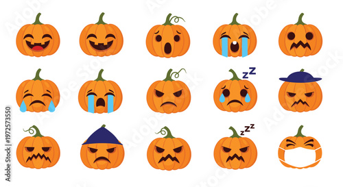 Grid of fifteen different orange jack-o-lantern pumpkins showing various facial expressions and emojis on a plain white background.