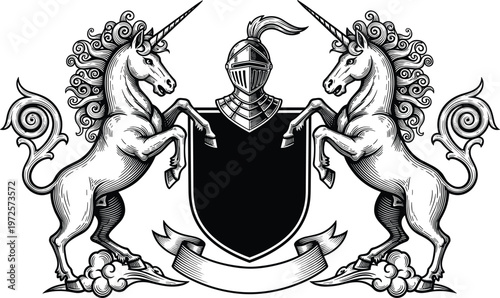 Detailed heraldic coat of arms vector illustration, two unicorns standing symmetrically, knight helmet with plume, shield and ribbon banner, black and white design