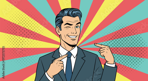 Successful businessman in a stylish suit and tie winks confidently while pointing at himself against a colorful retro pop art background.