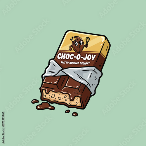 A cartoon vector illustration of a Choc-O-Joy nutty nougat chocolate bar, partially unwrapped with dripping chocolate on a light green background.