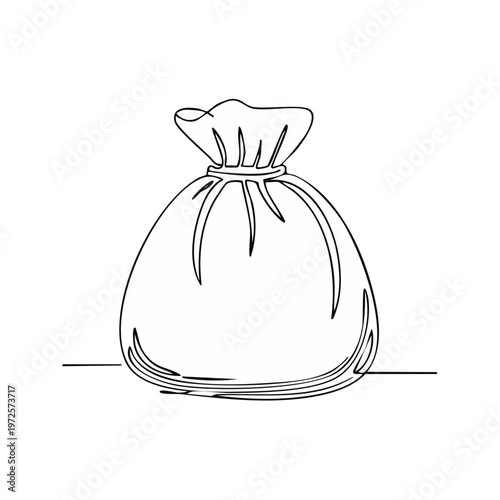 Abstract drawing of a full drawstring bag, financial concept, single line art