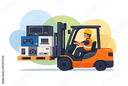 Forklift truck carrying electronic waste and computer equipment.