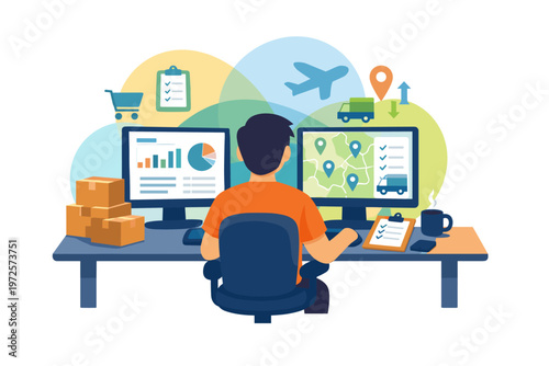 Logistics manager working on computers with shipping icons.