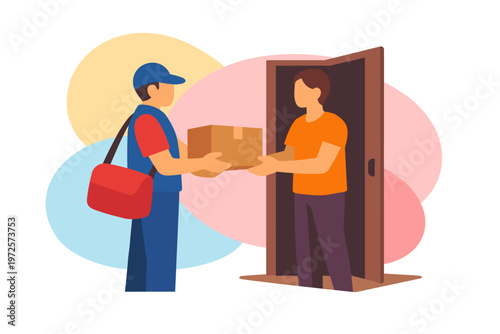 Delivery person handing package to customer at door.