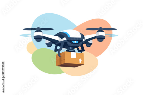 Modern drone delivering a package with futuristic design.