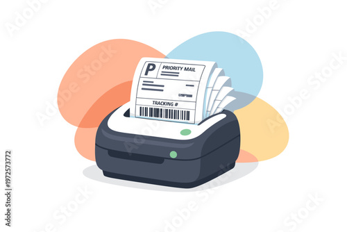 Shipping label printer machine printing package labels with barcodes.
