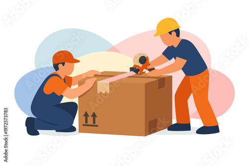 Two movers packing a large cardboard box with tape.