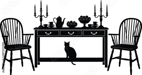 Dining table silhouette illustration, black and white artwork, chairs candelabras teapot cups bowls fruit, symmetrical domestic setting, classic decorative 