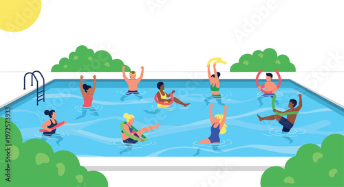 Diverse group of active individuals participates in a vibrant water aerobics class within a bright blue swimming pool surrounded by lush green garden hedges.