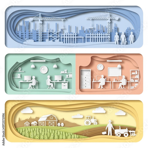 Layered paper cut illustration showcasing construction, office work, and farming scenes with people and machinery