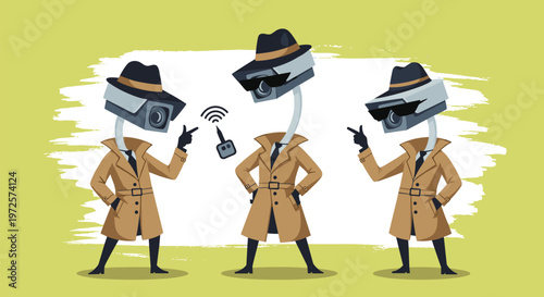 Group of three secret agents wearing trench coats and fedoras with surveillance cameras instead of heads stands on a textured background.