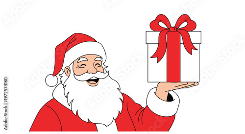 Jolly Santa Claus with a long white beard and red hat smiles happily while holding a white gift box with a red ribbon on his palm.