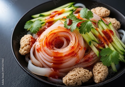 Closeup of a bowl of cold jelly noodles with cucumber, cilantro, and spicy sauce on a dark background