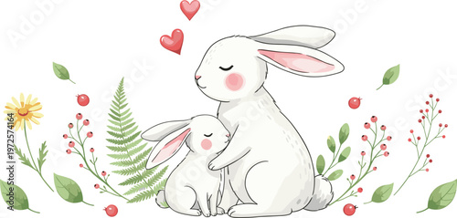 Cute Illustration of a Mother Rabbit and Baby Bunny Surrounded by Flowers and Hearts for Love and Family Designs