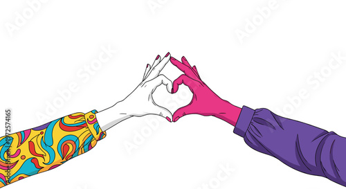 Two hands of contrasting white and pink colors come together to form a heart shape against a plain white background.