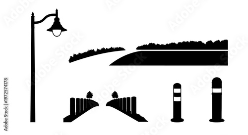 Black and white city street objects.