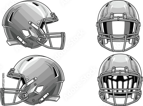 Four American football helmets illustration, black and white artwork, side and front views, visor facemask designs, sports equipment comparison composition