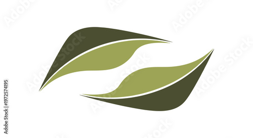 Pair of stylized green leaves are arranged in a symmetrical and mirrored pattern to represent nature or environmental sustainability.