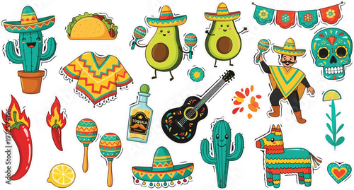 Mexican Fiesta Vector Collection with Colorful Maracas, Cactus, Guitar, Avocado, Taco, and Day of the Dead Elements