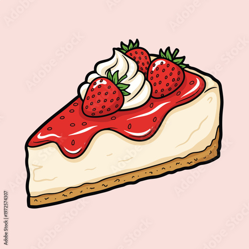 This is a delicious-looking slice of strawberry cheesecake with a graham cracker crust, topped with whipped cream and fresh strawberries.
