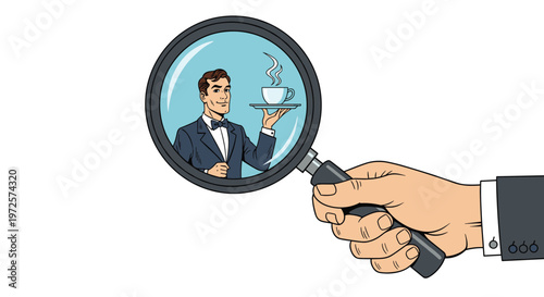 Human hand holds a magnifying glass over a handsome waiter in a tuxedo carrying a steaming cup of coffee on a tray in vintage comic style.