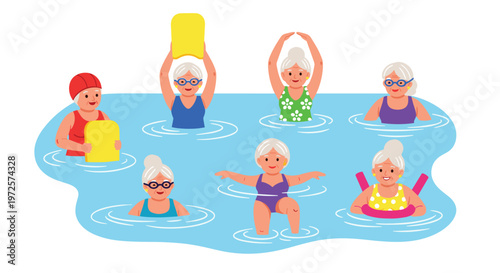 Cheerful group of senior women with gray hair performs synchronized water exercises in a bright blue pool using yellow kickboards and pink pool noodles.